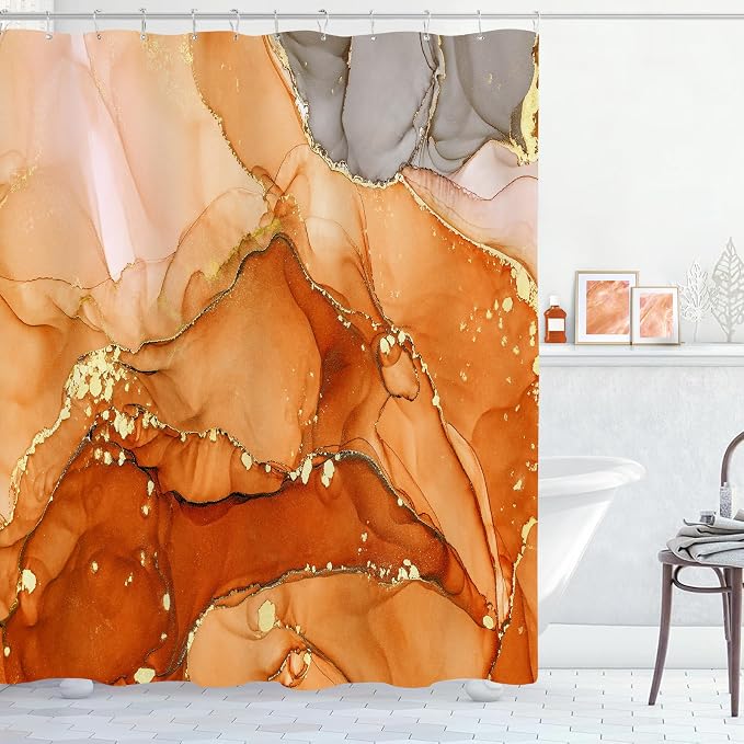 Orange Marble Shower Curtain, Burnt Orange Modern Abstract Fabric Shower by BayNook