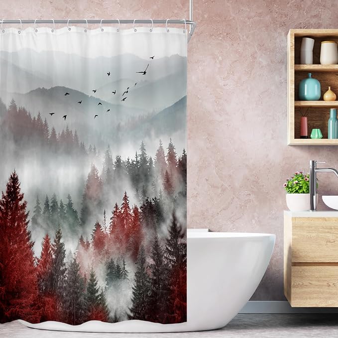 Riyidecor Stall Half Small Rv Shower Curtain 36Wx72H Inch Red Black Mountain by Riyidecor