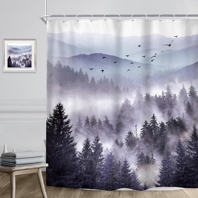Riyidecor Purple Shower Curtain 72Wx96H Inch Extra Long Mountain Nature - Image 3