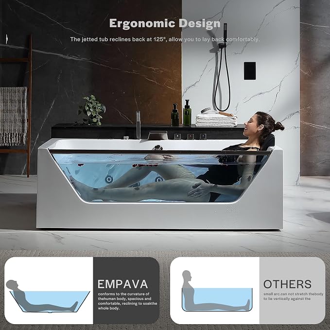 Empava Acrylic Whirlpool Bathtub, 71-Inch Jetted Bathtub - Image 2