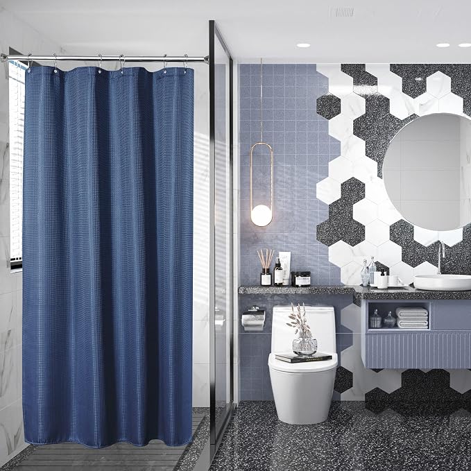 AmazerBath Navy Blue Waffle Shower Curtain Half Size, Stall Shower Curtain - Image 3