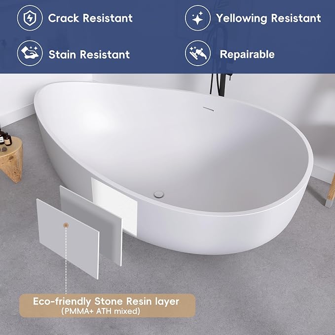 SJ STAR&JANE 71" Solid Surface Freestanding Bathtub, Oval Soaking Stone Resin - Image 6