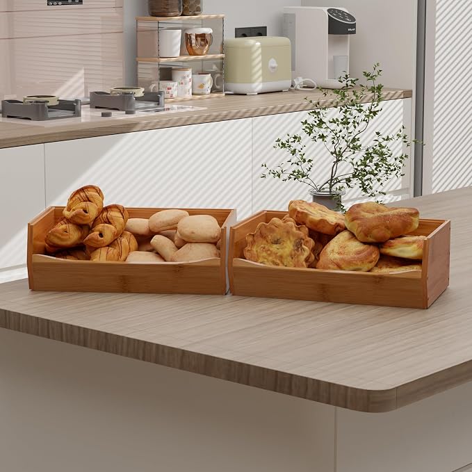 2 Set Open Front Stackable Storage Bins, Bamboo Stacking Storage Bins Food - Image 4