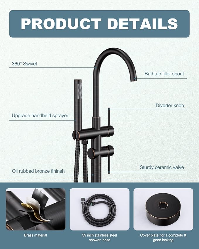 Freestanding Tub Filler Faucet Bronze: High Flow Brass Floor Mount Bathtub - Image 5
