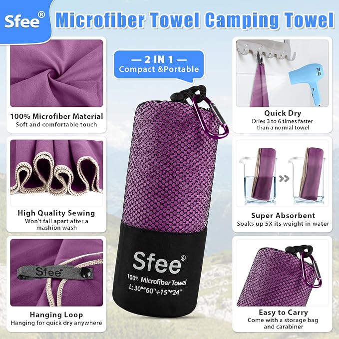 Sfee 2 Pack Microfiber Travel Towel, Quick Dry Towel Camping Beach Towel Super - Image 2
