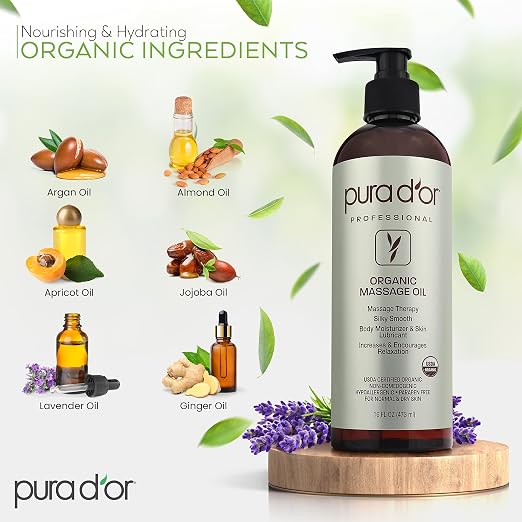 PURA D'OR 16 Oz ORGANIC Massage Therapy Oil USDA Certified Almond, Lavender Oils - Image 2
