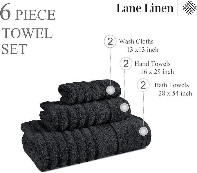 LANE LINEN 6-Piece Bath Towel Set – 100% Cotton, Quick Dry, Zero Twist - Image 3