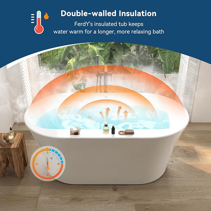 FerdY Mauritius 59" Acrylic Freestanding Tub, Oval Contemporary Soaker Tub - Image 2