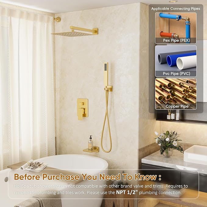Gold Shower System with Tub Spout, All Metal Tub Shower Faucet Set with 10" - Image 2