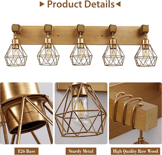 Farmhouse Bathroom Light Fixtures, 5-Light Gold Bathroom Vanity Light, Rustic - Image 3