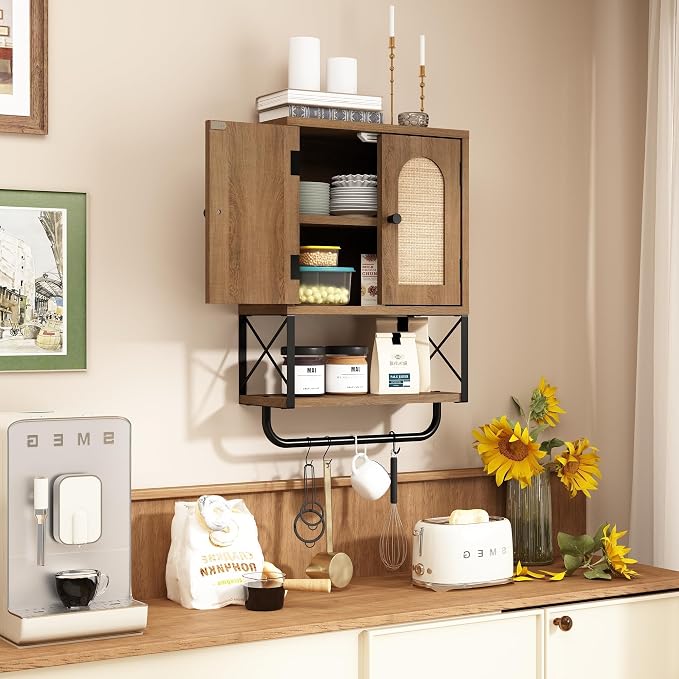 RUSTOWN Rattan Bathroom Wall Cabinet, Boho Over The Toilet Storage Cabinet - Image 9