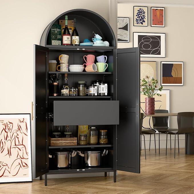 73'' Tall Metal Arched Cabinet, Modern Black Arch Bookshelf Display Cabinet - Image 3