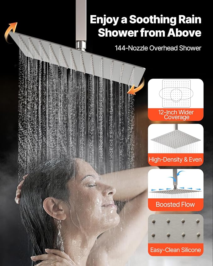 VEVOR Shower Faucet Set, 12 Inch Ceiling Mount Rainfall Shower System - Image 6
