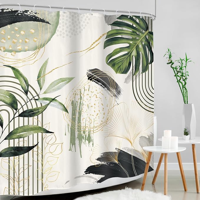 Grey Green Boho Shower Curtain 60Wx72H Tropical Palm Leaves Abstract Mid - Image 2
