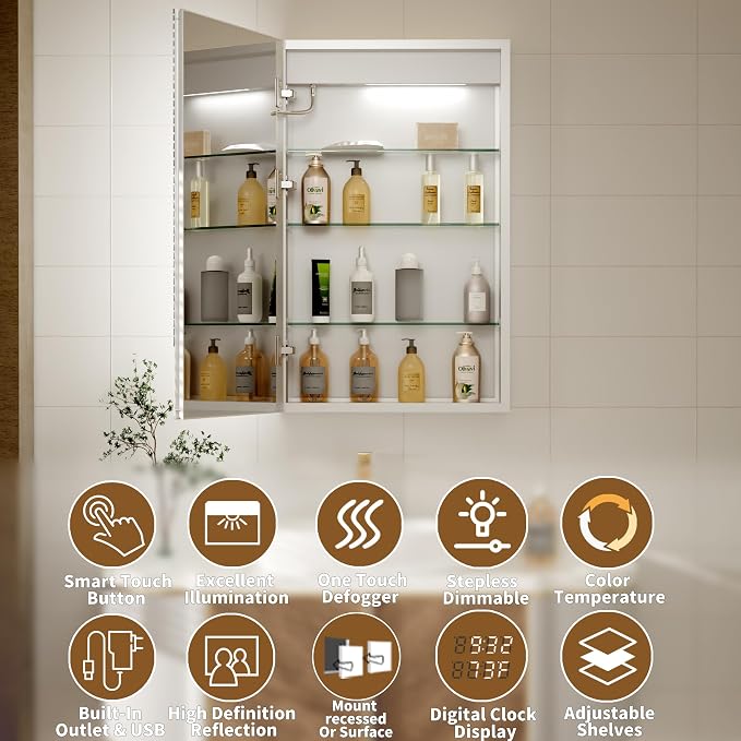 Lighted Medicine Cabinet with Mirror, Stepless Dimming & Defog, Left Open - Image 8