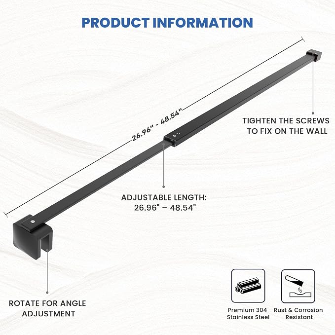 Shower Door Glass Support Bar, 26.96" to 48.54" Adjustable Stainless Steel - Image 4