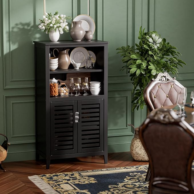 HITNET Black Bathroom Storage Cabinet, Freestanding Bamboo Floor Cabinet 5 Tier - Image 8