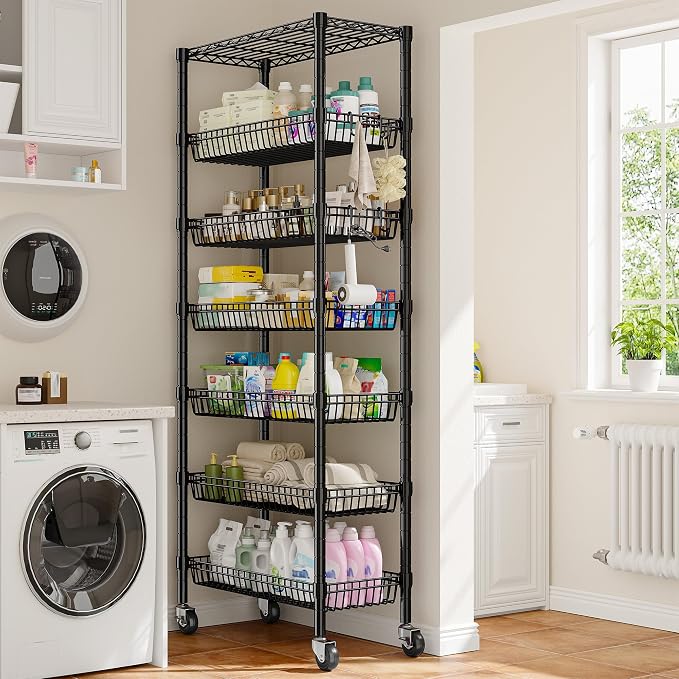7 Tier Wire Shelving with Wheels 72" H Adjustable Basket Shelf Storage Shelves - Image 9