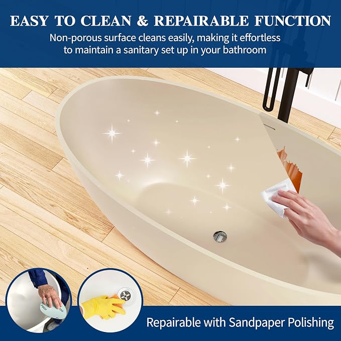 Stone Resin Freestanding Bathtub 65", Elegant Oval Shape Soaking Tub, Solid - Image 4