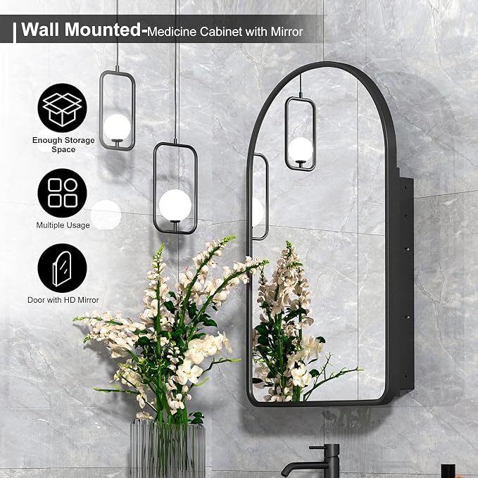Arched Medicine Cabinet with Mirror, 20x31 Inch Black Recessed Bathroom Cabinet - Image 3