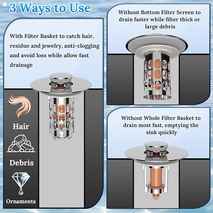 3 in 1 Bathroom Sink Drain Strainer, Universal Pop Up Bathroom Sink Stopper - Image 4