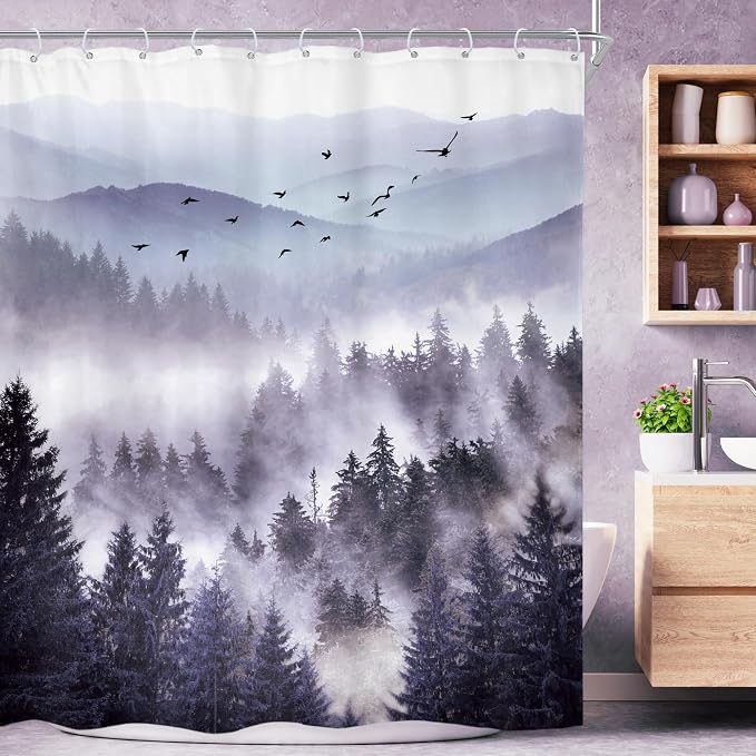 Riyidecor Purple Shower Curtain 72Wx96H Inch Extra Long Mountain Nature by Riyidecor