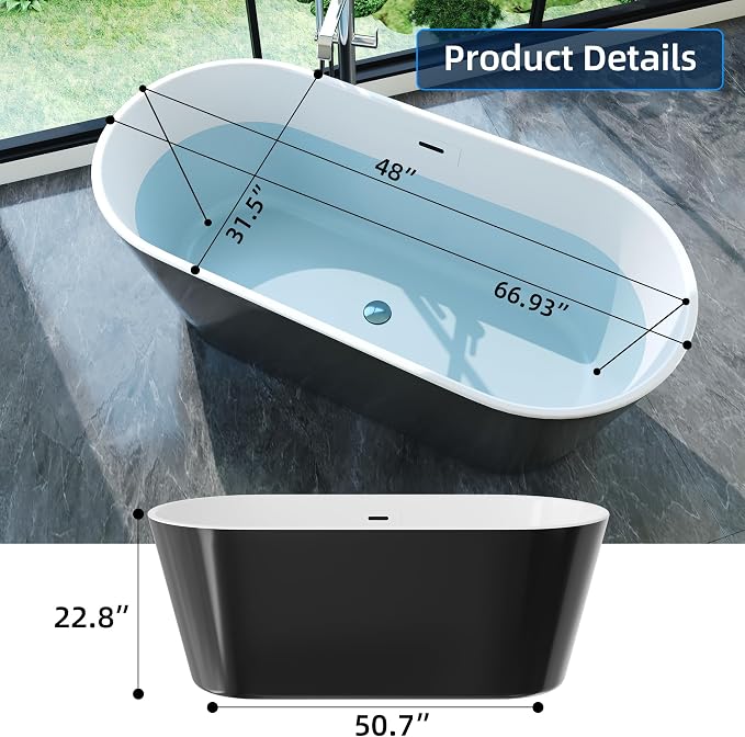 67'' Acrylic Freestanding Bathtub, Extra-Deep Soaking Free Standing Tub - Image 3