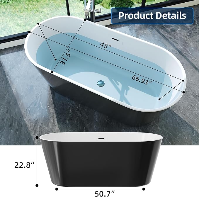 67" Acrylic Freestanding Bathtub, Deep Soaking Tub - Image 3