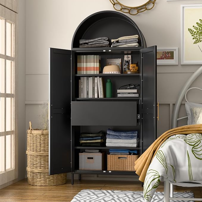 73'' Tall Metal Arched Cabinet, Modern Black Arch Bookshelf Display Cabinet - Image 7