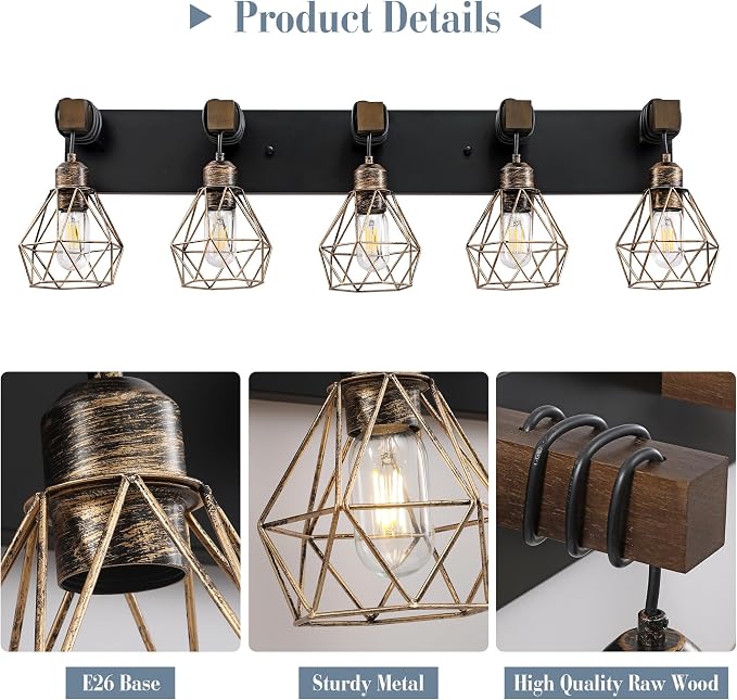 Black Gold Farmhouse Bathroom Light Fixtures, 5-Light Bathroom Lighting - Image 3