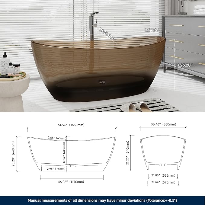 SJ STAR&JANE 65" Solid Surface Freestanding Bathtub Stone Resin Tub Oval Double - Image 6