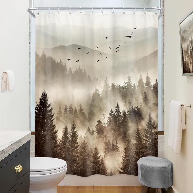 Riyidecor Foggy Mountain Shower Curtain 48Wx72H Inch RV Narrow Nature Scenery - Image 4