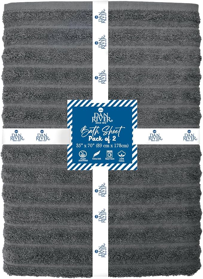 DAN RIVER Pack of 2 Bath Sheet 35x70 Inches, Extra Large Ribbed Gray Bath - Image 2