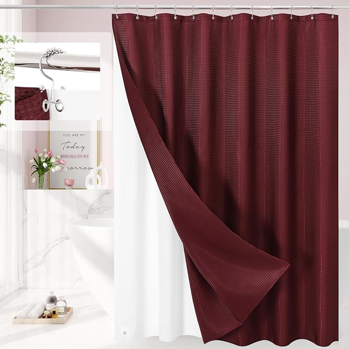 3 in 1 Shower Curtain Set, Burgundy Waffle Shower Curtain and PEVA Liner Set by Unknown
