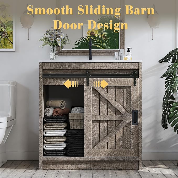31" Farmhouse Sliding Barn Door Bathroom Vanity - Image 7