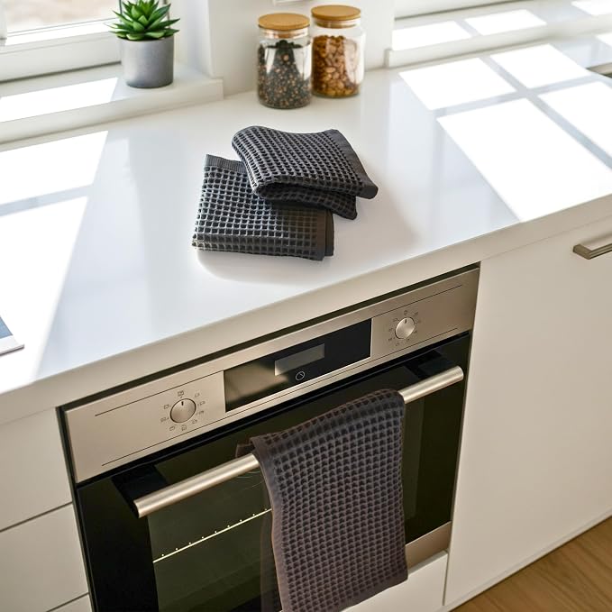 PÜSKÜL Organic Waffle Kitchen Towel 100% Turkish Cotton Set of 3 Dark Gray - Image 2