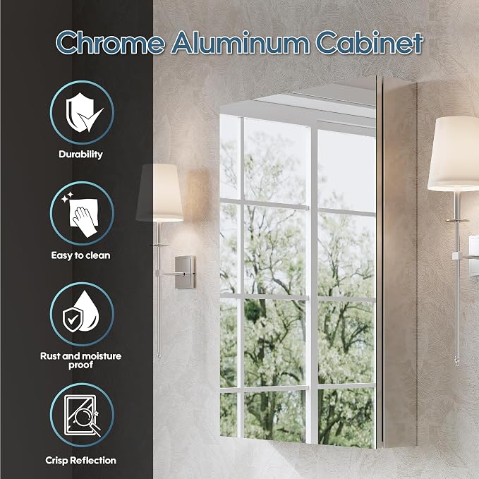 WELLFOR 20" x 30" Bathroom Medicine Cabinet, Anodized Chrome Aluminum Frame - Image 7