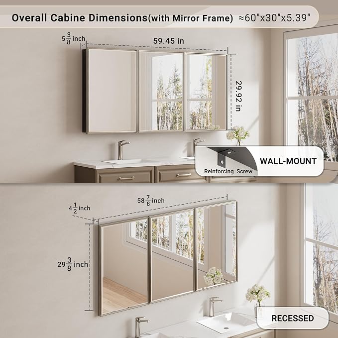 Pre-Assembled Surface or Recessed Medicine Cabinet Mirror-60x30 Brushed Nickel - Image 2