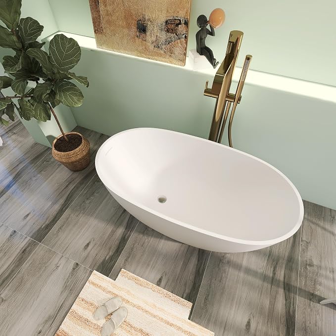 51" Premium Solid Surface Freestanding Bathtubs, Unique Oval Stone Resin Bath - Image 4