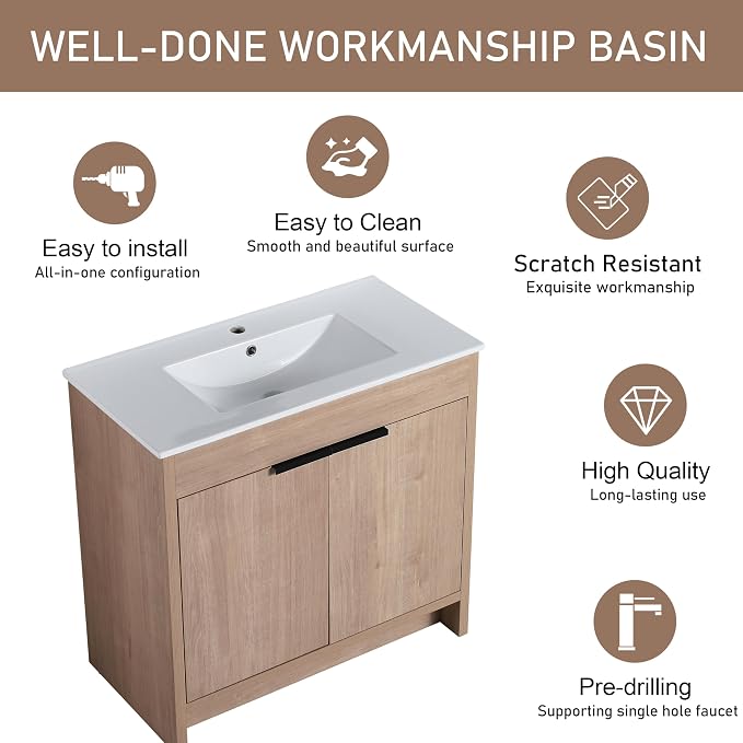 36 Inch Bathroom Vanity with Sink Combo, Freestanding Single Sink Vanity with - Image 3