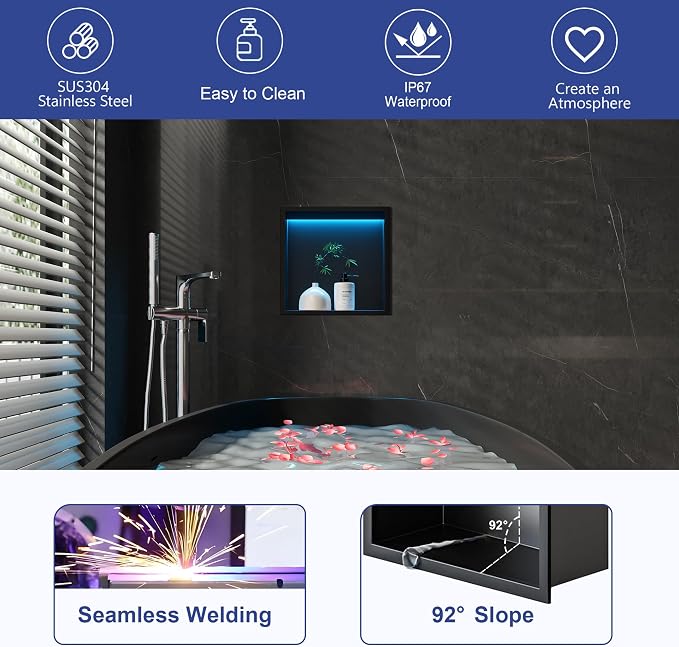 RGB LED Light Shower Niche, Matte Black 12X12 in Stainless Steel Recessed - Image 6