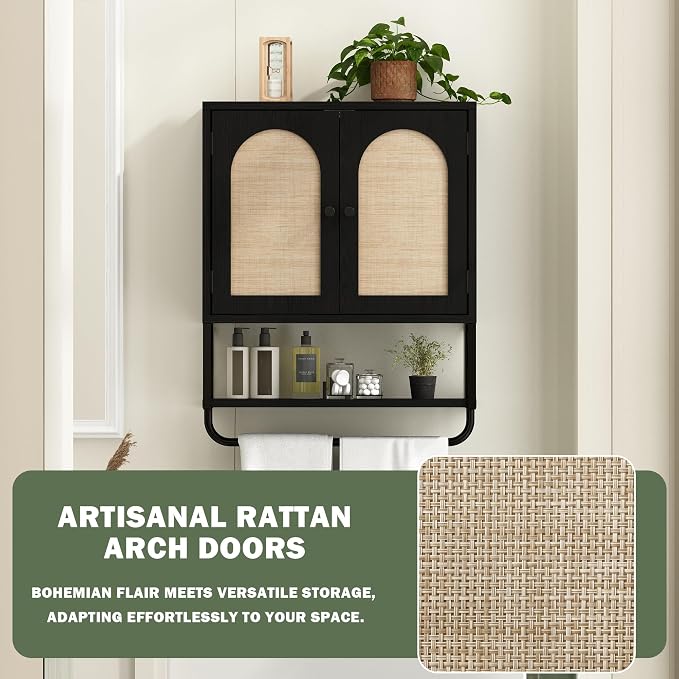 RUSTOWN Rattan Bathroom Wall Cabinet, Boho Over The Toilet Storage Cabinet - Image 6