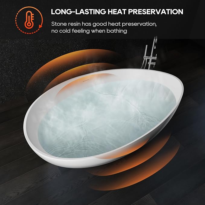 SJ STAR&JANE 63" x 38" Solid Surface Freestanding Bathtub, Oval Soaking Tub - Image 5