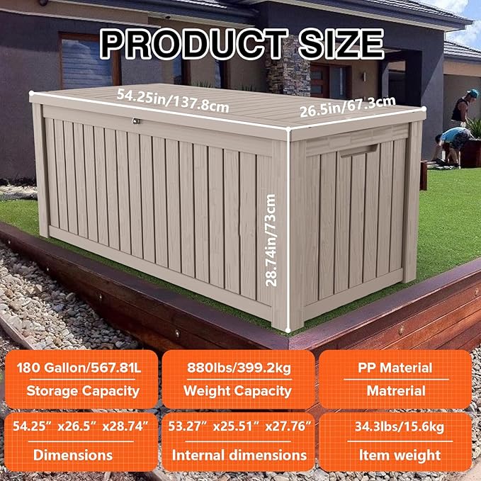 TARKARI 180 Gallon Lockable Resin Deck Box, Waterproof & UV-Resistant Outdoor - Image 3