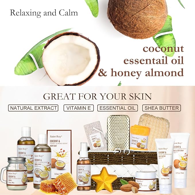 Spa Gift Basket Luxury Bath and Body Basket Set 17-Piece Coconut Honey Almond - Image 2
