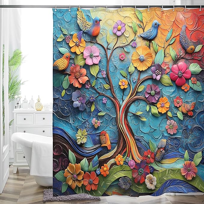 Bohemian Shower Curtain, Boho Floral Print Water Repellent Polyester Fabric by WCWahChunshowercurtains