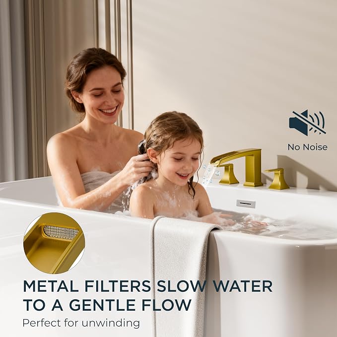 FORIOUS Waterfall Bathtub Faucet Set 3 Hole Brushed Gold, 2 Handle Deck Mount - Image 4