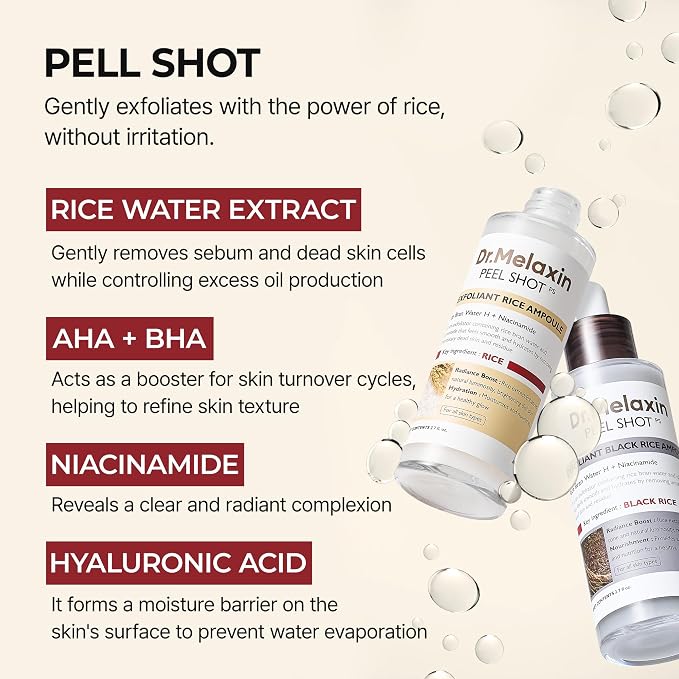 Dr.Melaxin Peel Shot Glow White and Black Rice Ampoule Duo, Soft Exfoliating - Image 5