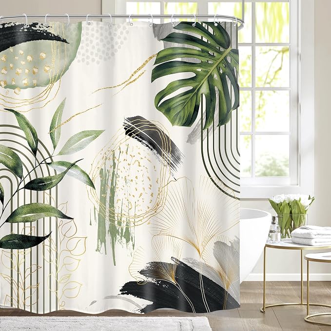 Grey Green Boho Shower Curtain 60Wx72H Tropical Palm Leaves Abstract Mid by MitpokBrand