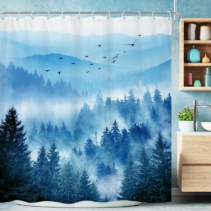 Riyidecor Navy Blue Shower Curtain，Mountain Nature Woodland Scenery，Park Scene by Riyidecor
